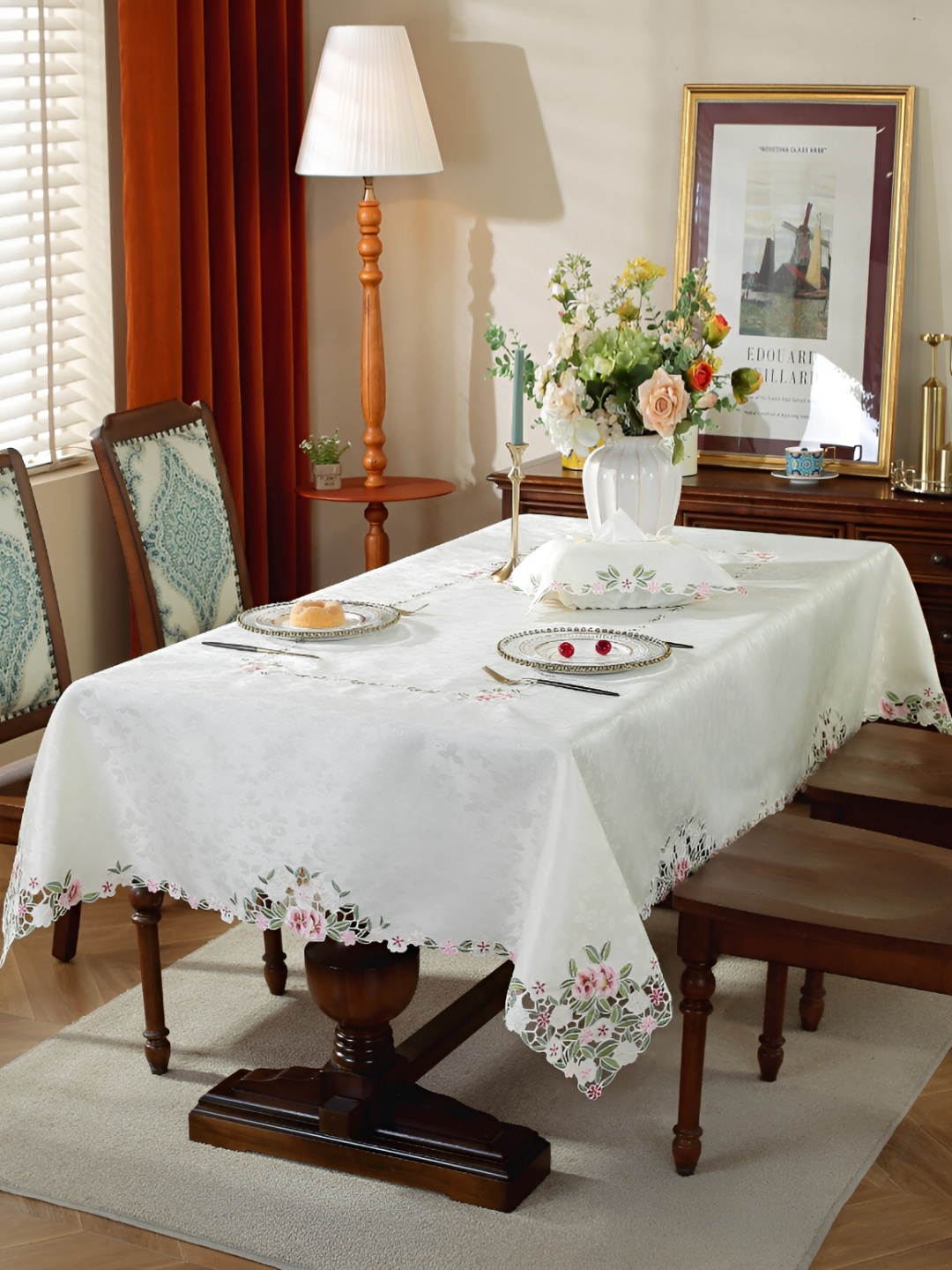 

TANLOOMS White & Pink Floral Embroidered Rectangle Table Cover