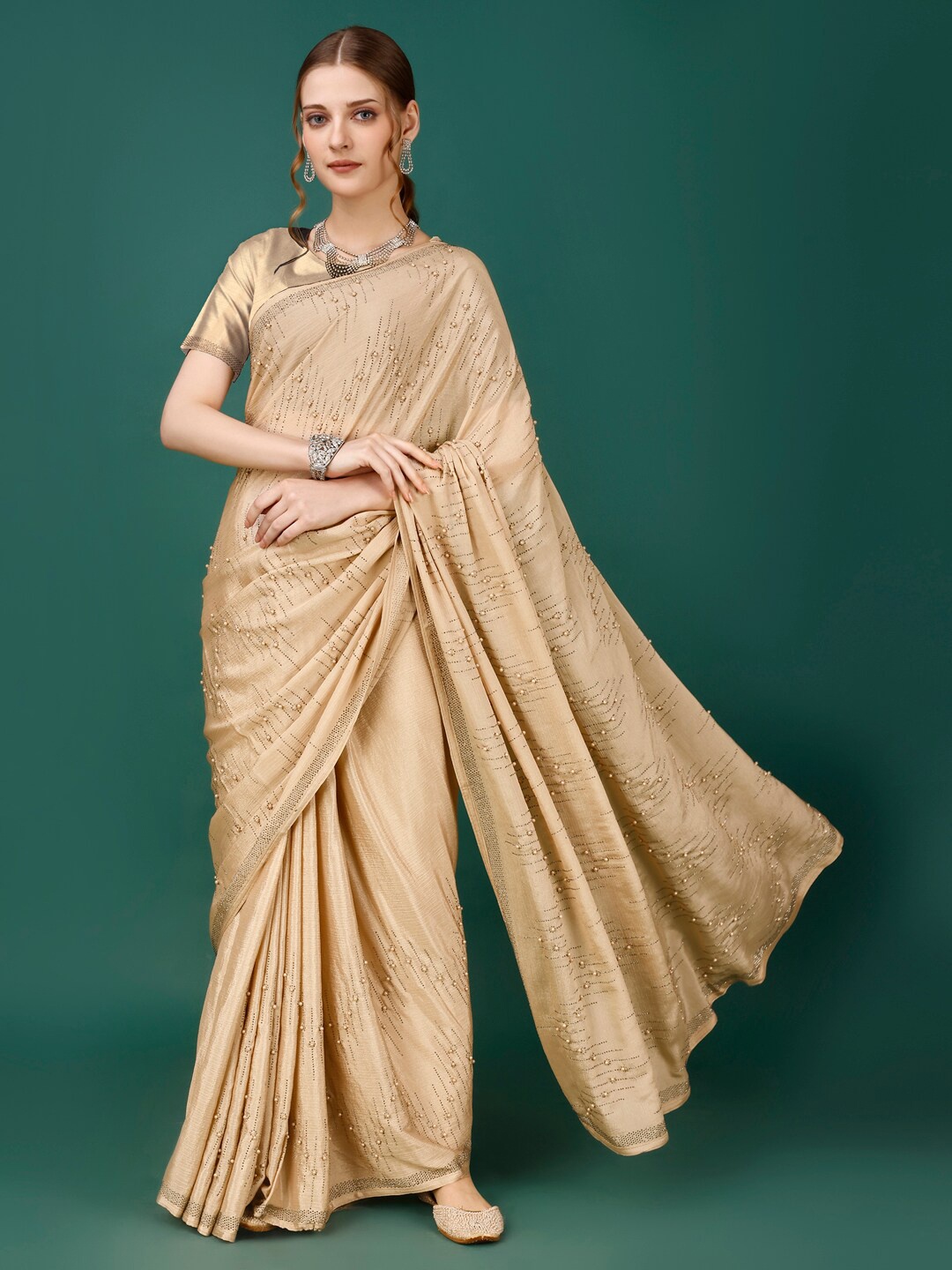 

Modestouze Attires Geometric Embellished Beads and Stones Saree, Cream