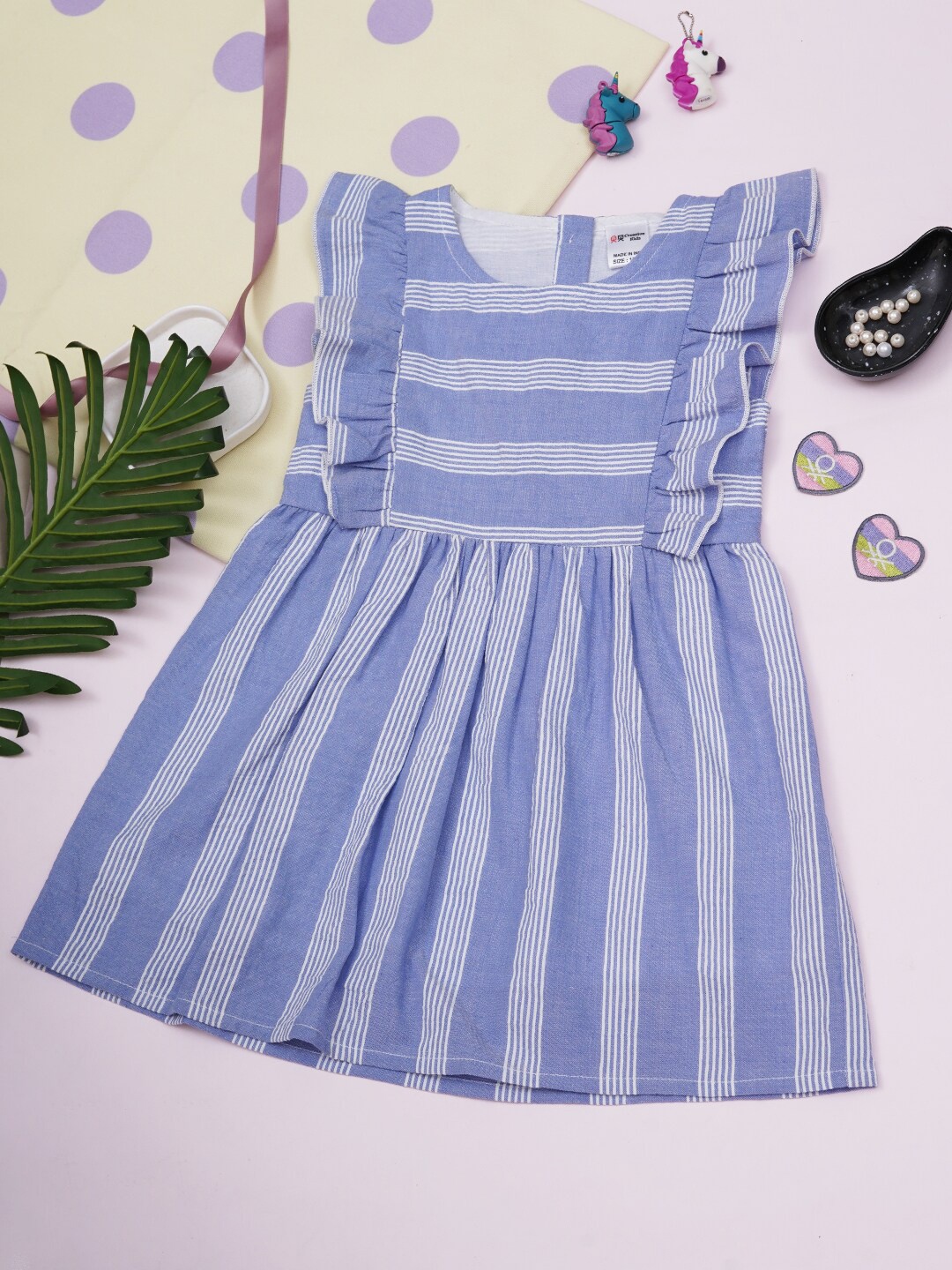 

Creative Kids Girls Striped Ruffled Cotton Fit & Flare Dress, Blue