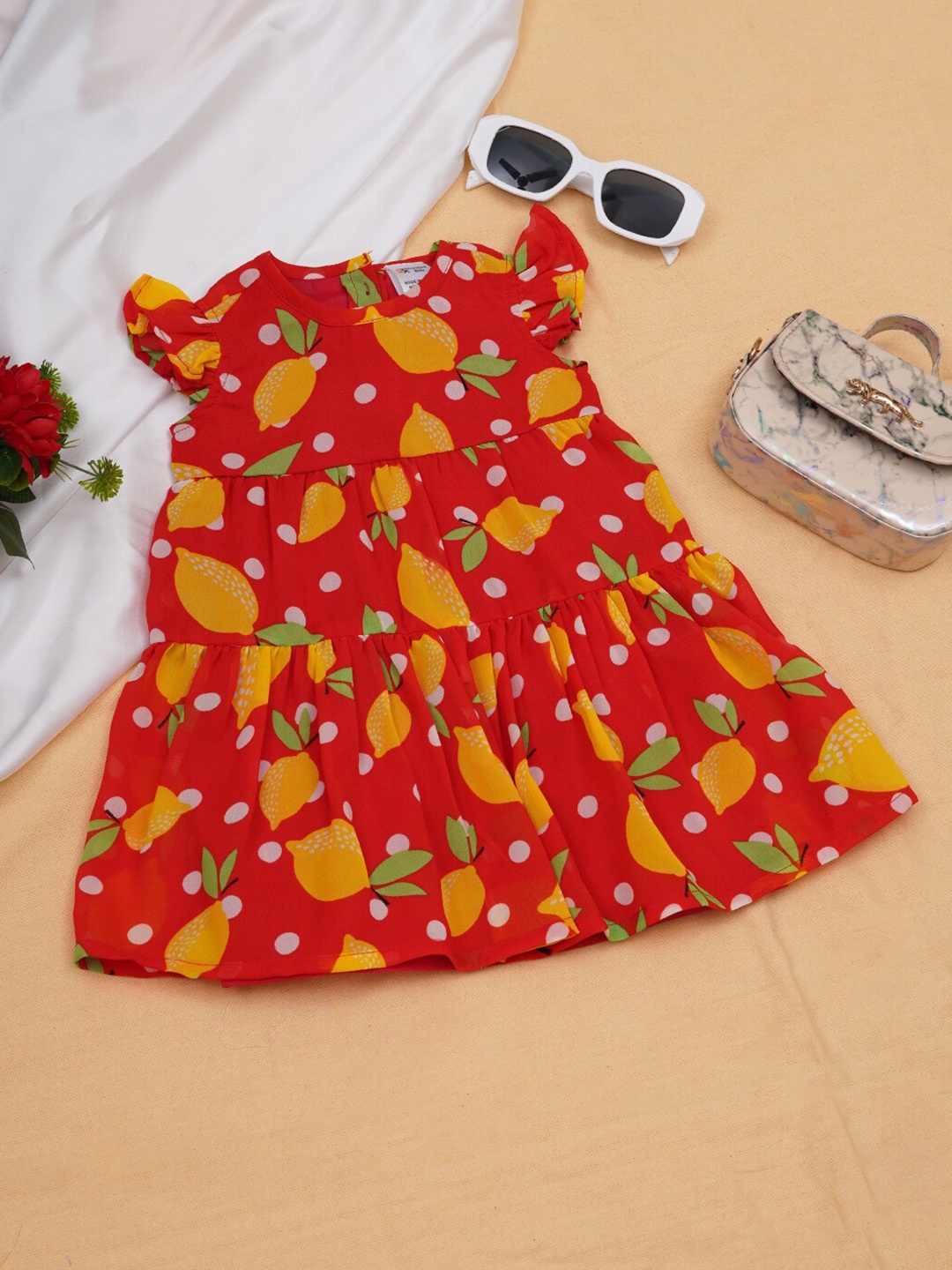 

Creative Kids Infants Conversational Printed Flutter Sleeves Tiered Fit & Flare Midi Dress, Red