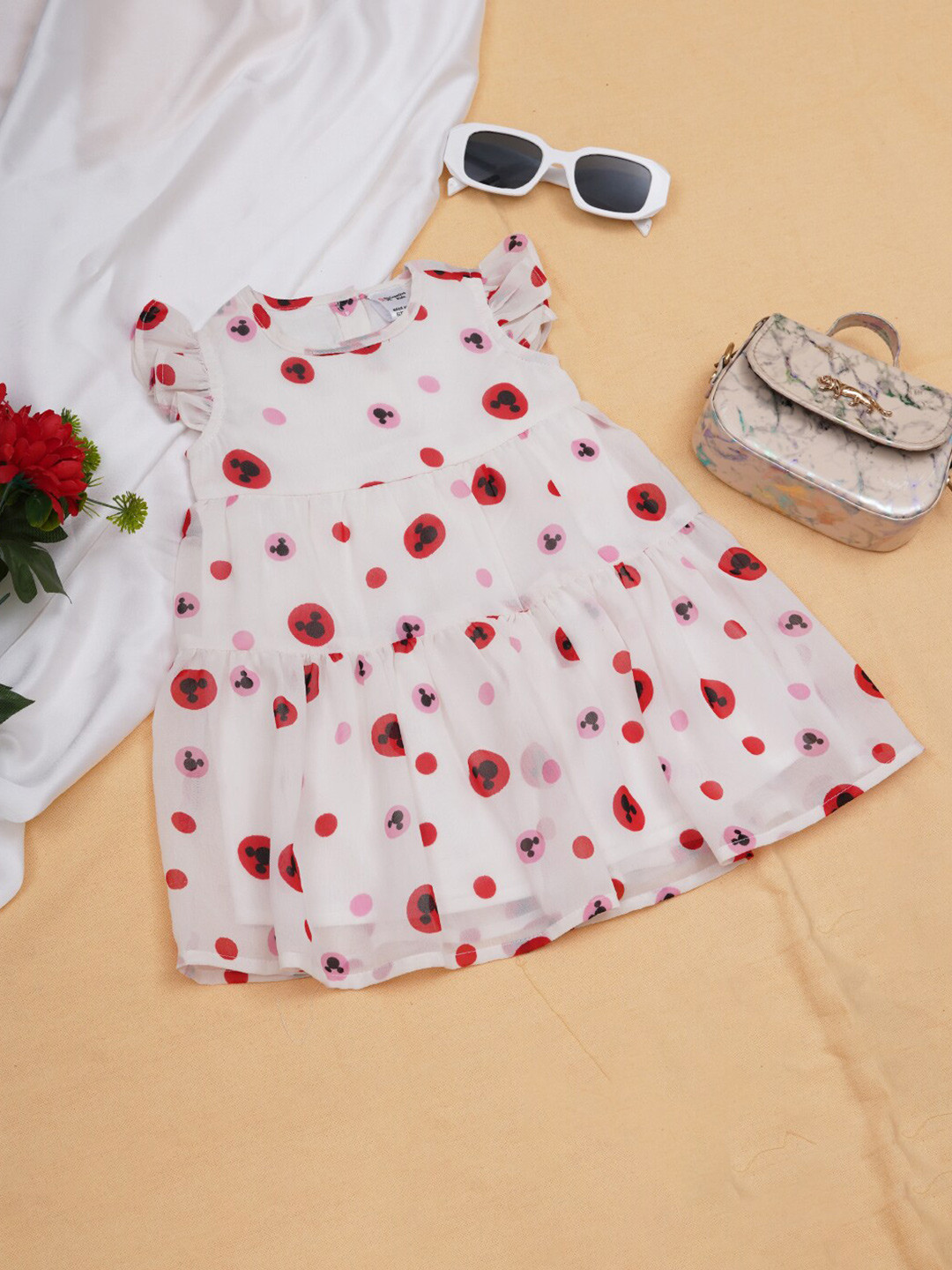 

Creative Kids Infant Girls Floral Printed Flutter Sleeves Tiered Fit & Flare Dress, White
