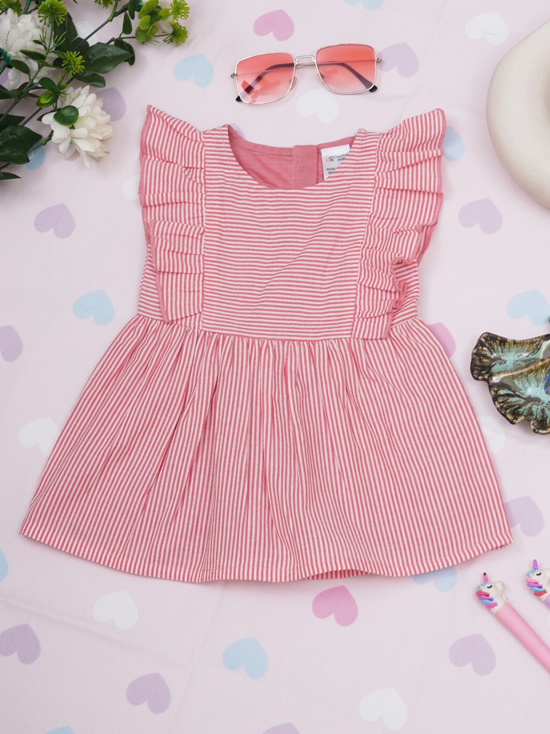

Creative Kids Girls Striped Ruffled Cotton Fit & Flare Dress, Pink
