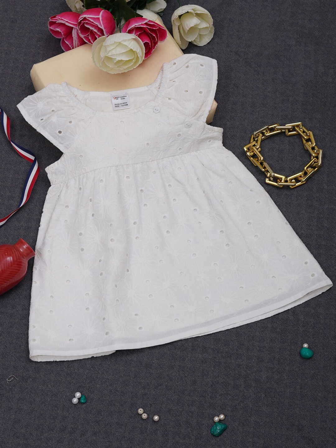 

Creative Kids Infant Girls Self Design Cap Sleeves Schiffli Fit & Flare Dress, White