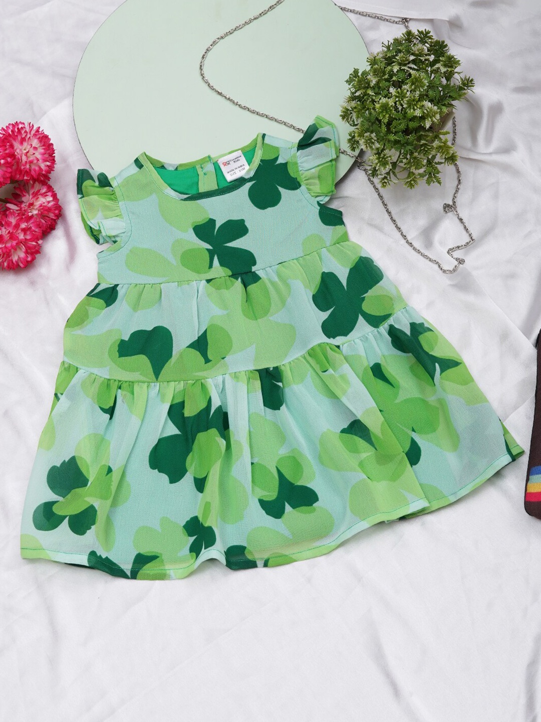 

Creative Kids Infant Girls Floral Printed Flutter Sleeves Tiered Fit & Flare Dress, Lime green