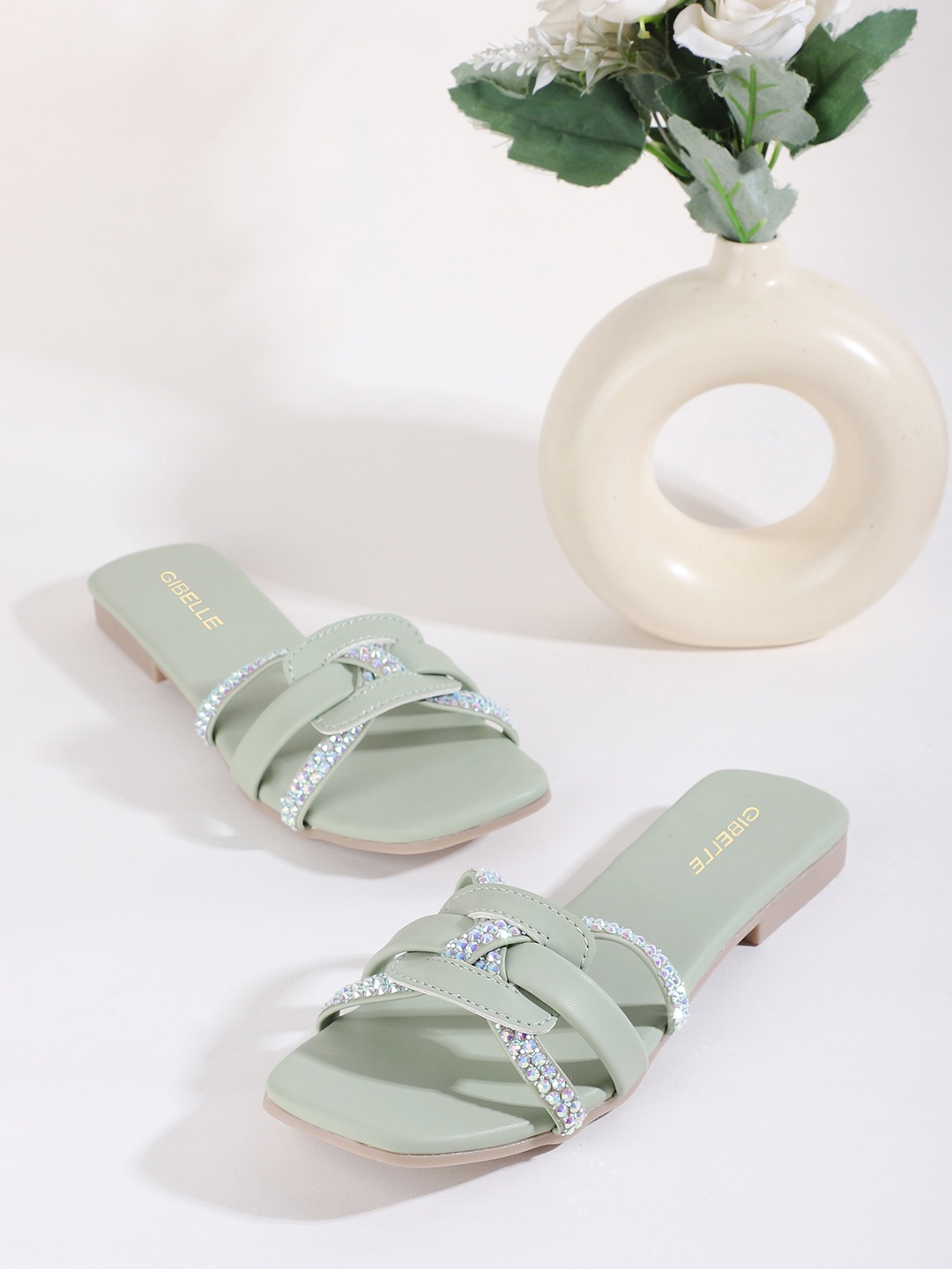 

Gibelle Embellished Open Toe Flats, Green