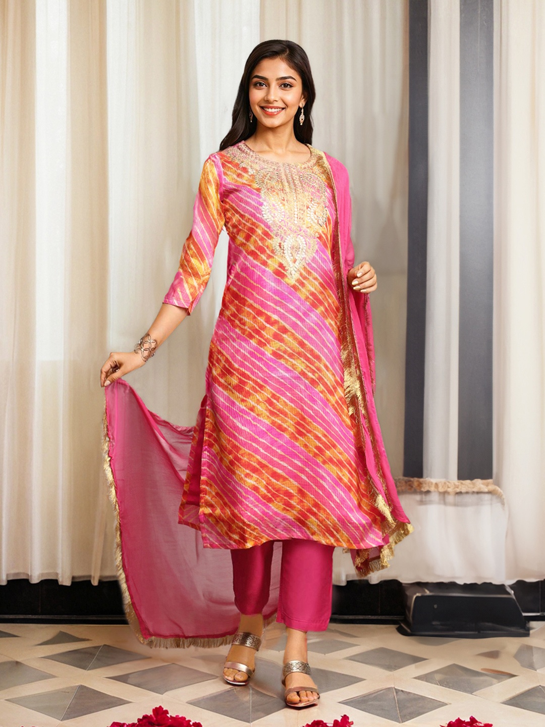 

Ishin Pink Leheriya Embroidered Round Neck Straight Kurta With Trousers & Dupatta