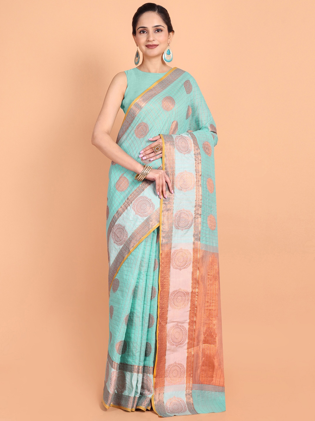 

MAGMINA Geometric Woven Design Zari Banarasi Saree, Turquoise blue