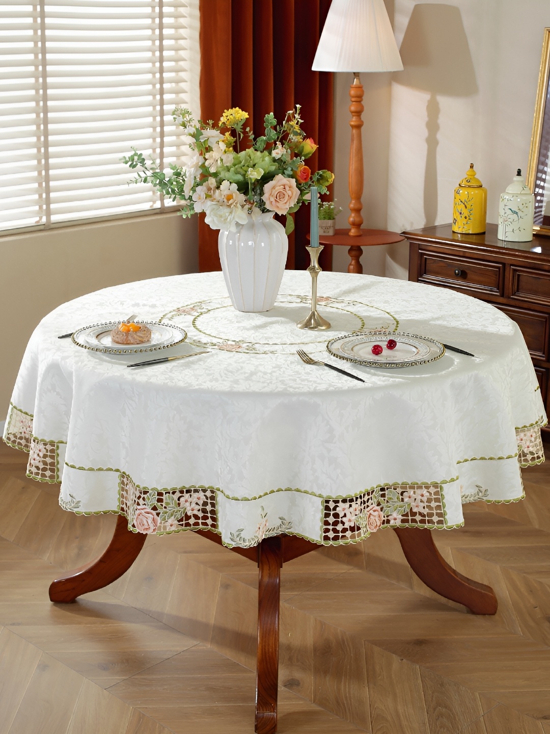 

TANLOOMS White & Peach Floral Embroidered Round Table Cover