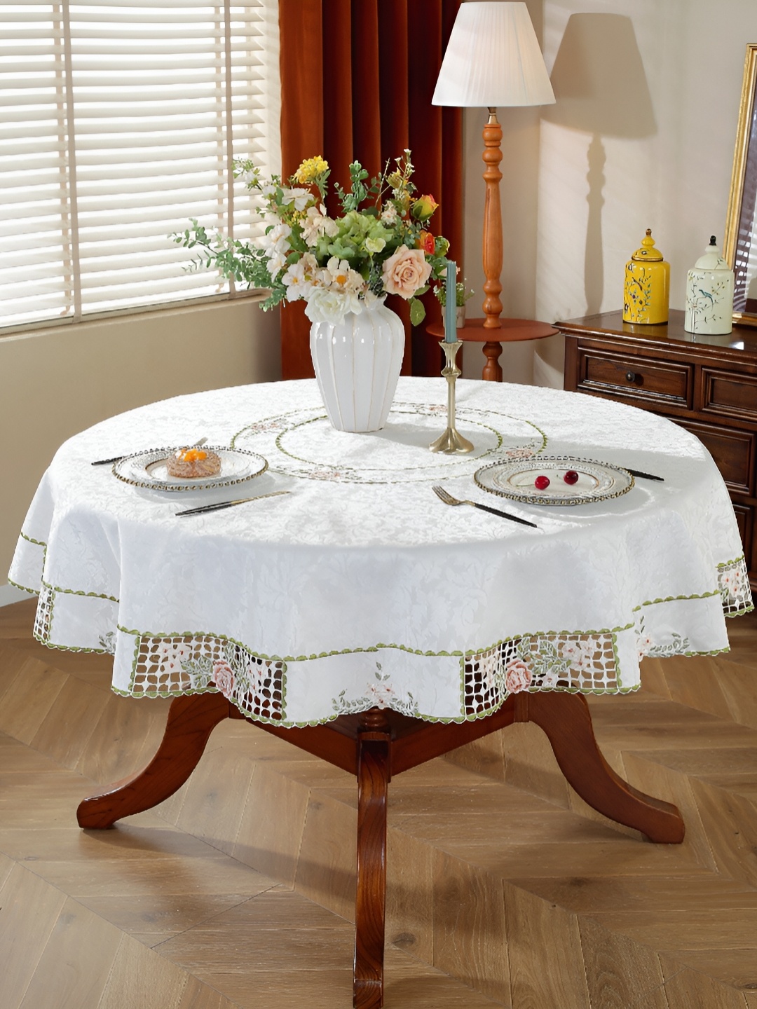 

TANLOOMS White & Peach Floral Embroidered Round Table Cover