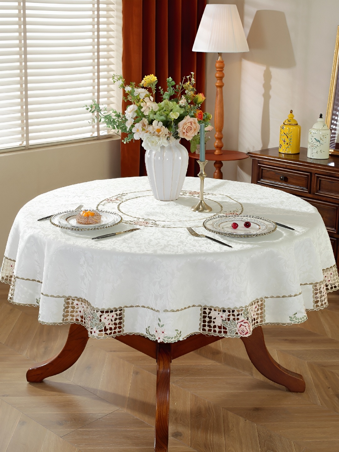 

TANLOOMS White & Maroon Floral Embroidered Round Table Cover