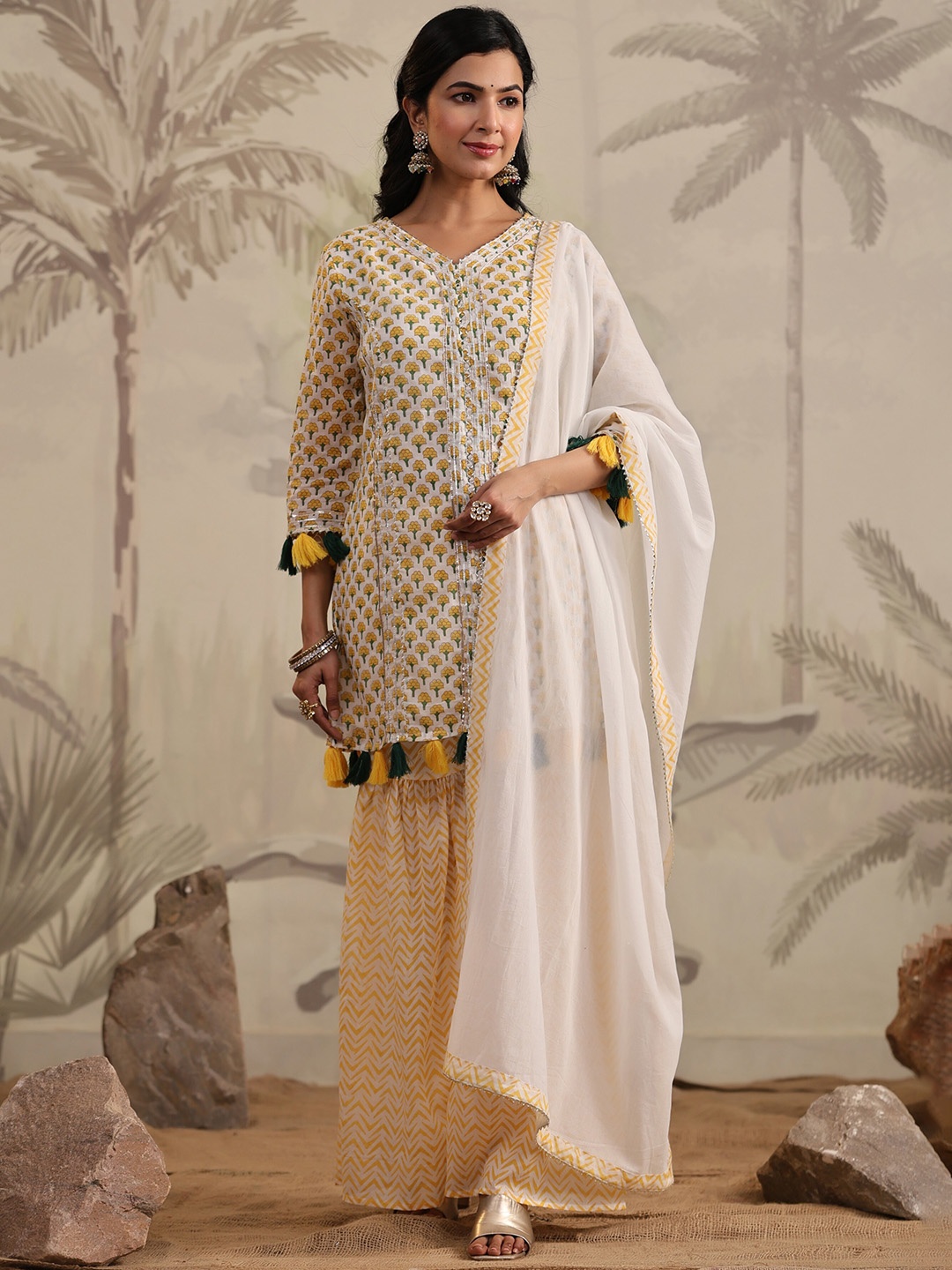 

KAJREE Ethnic Motifs Printed Gotta Patti V-Neck Pure Cotton Kurta with Sharara & Dupatta, Yellow