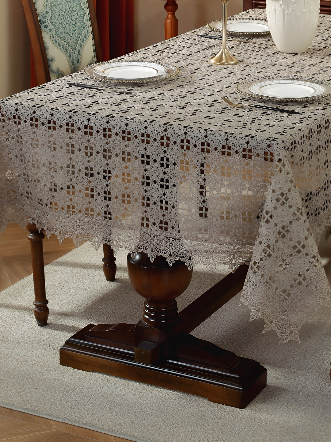 

TANLOOMS Brown Floral Anti-Slip 2-Seater Table Cover with Embroidered details