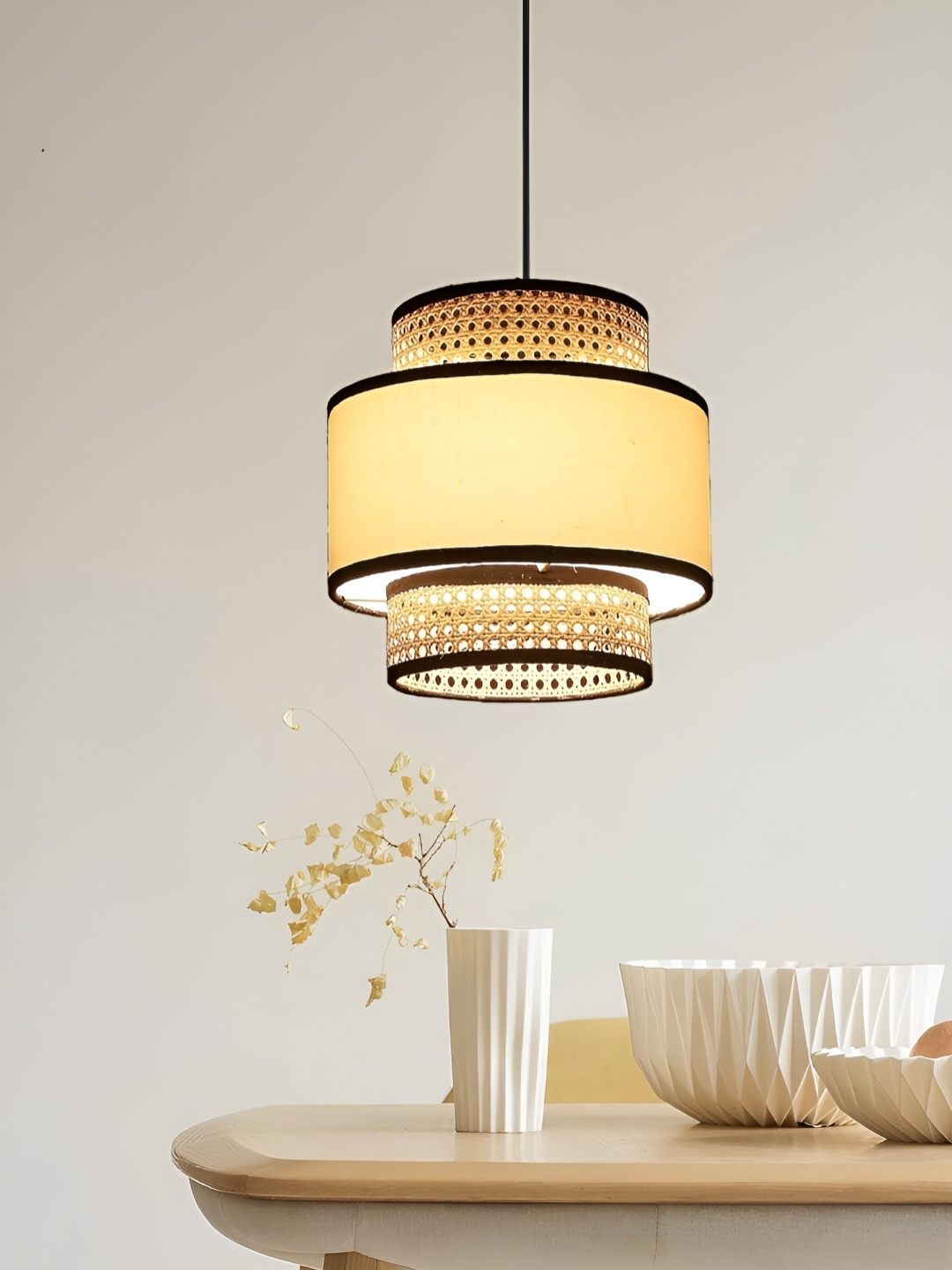 

akway Beige & Black Textured Wooden Cylindrical Shaped Ceiling Lamp