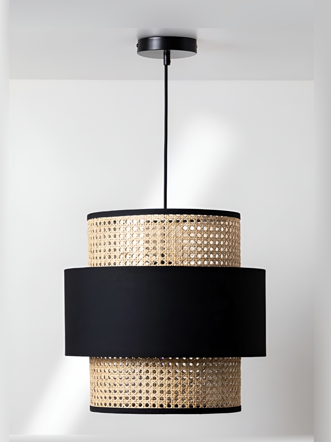 

akway Black & Beige Textured Wooden Cylindrical Shaped Ceiling Lamp