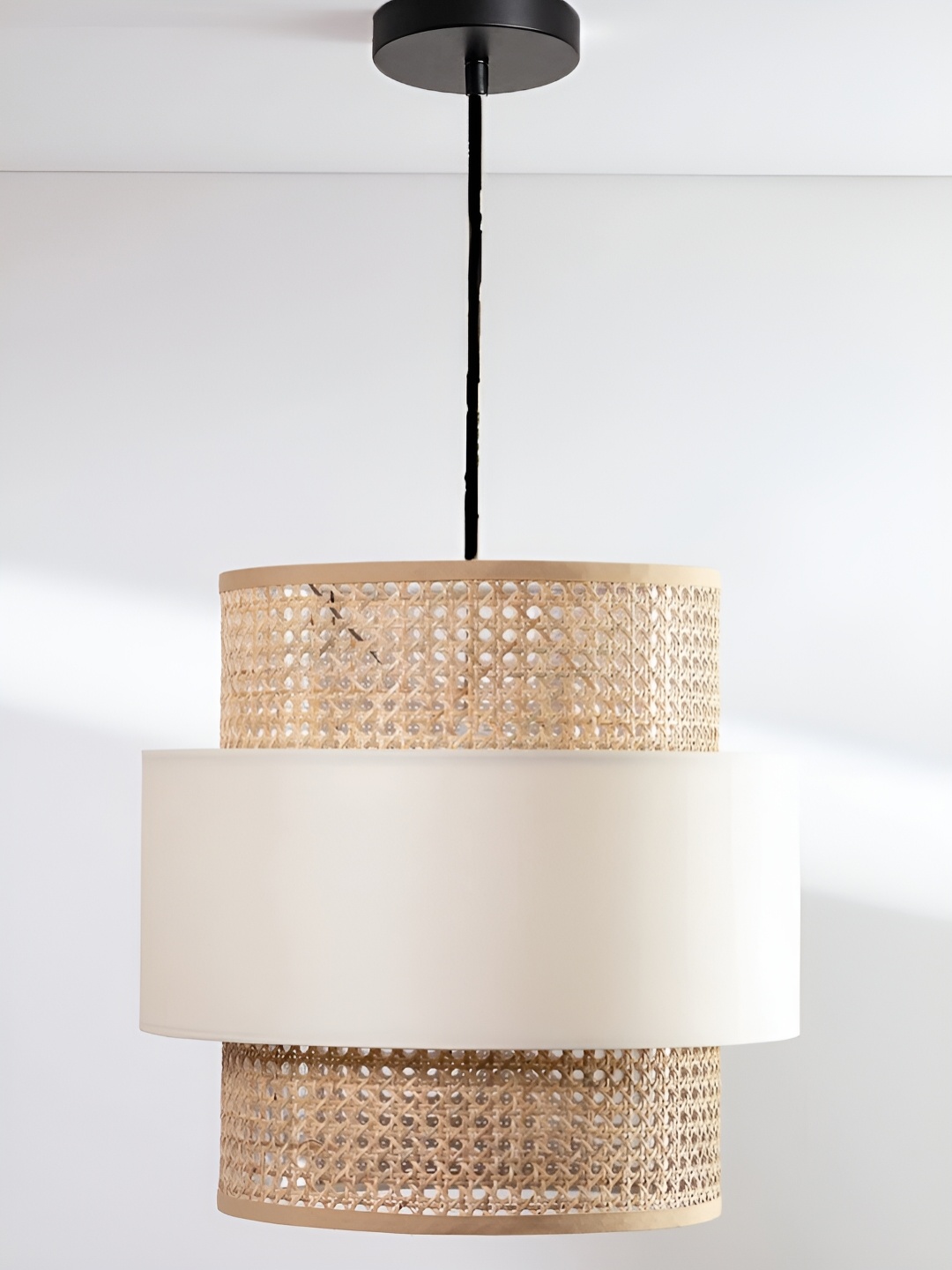 

akway Beige & White Textured Wooden Cylindrical Shaped Ceiling Lamp