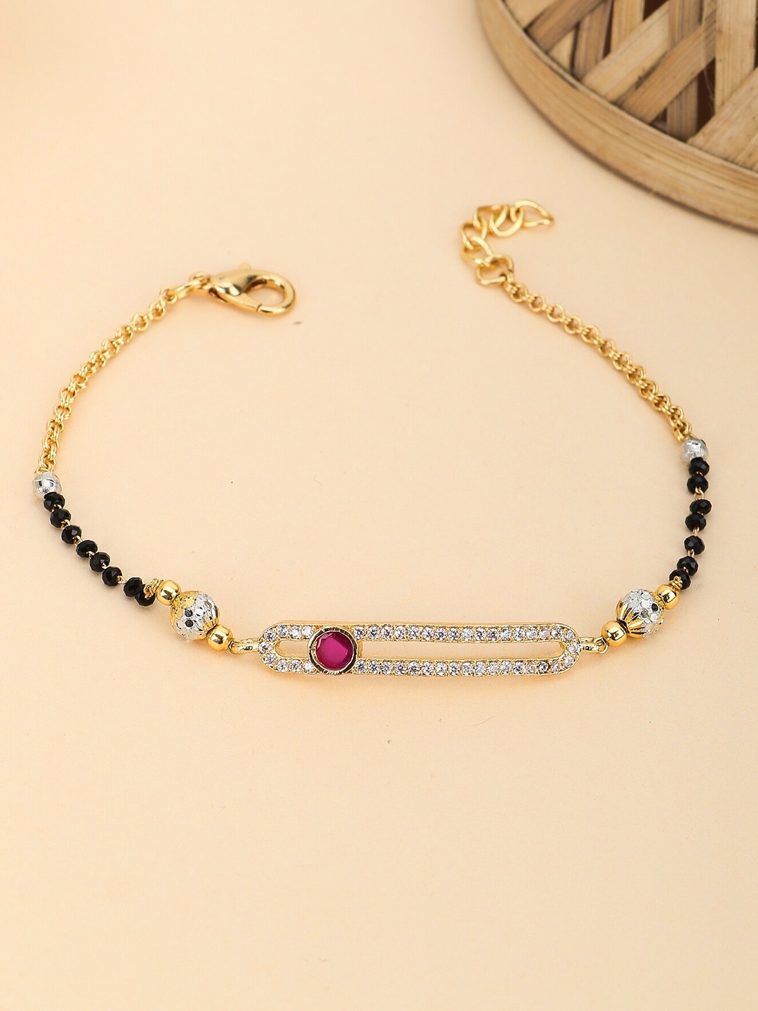 

Adwitiya Collection Women Gold-Plated Artificial Stones Studded Beaded Link Bracelet