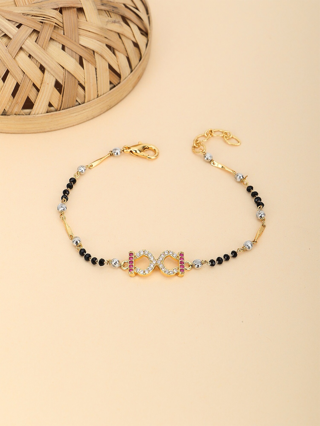 

Adwitiya Collection Women Gold-Plated Artificial Stones Studded Beaded Link Bracelet