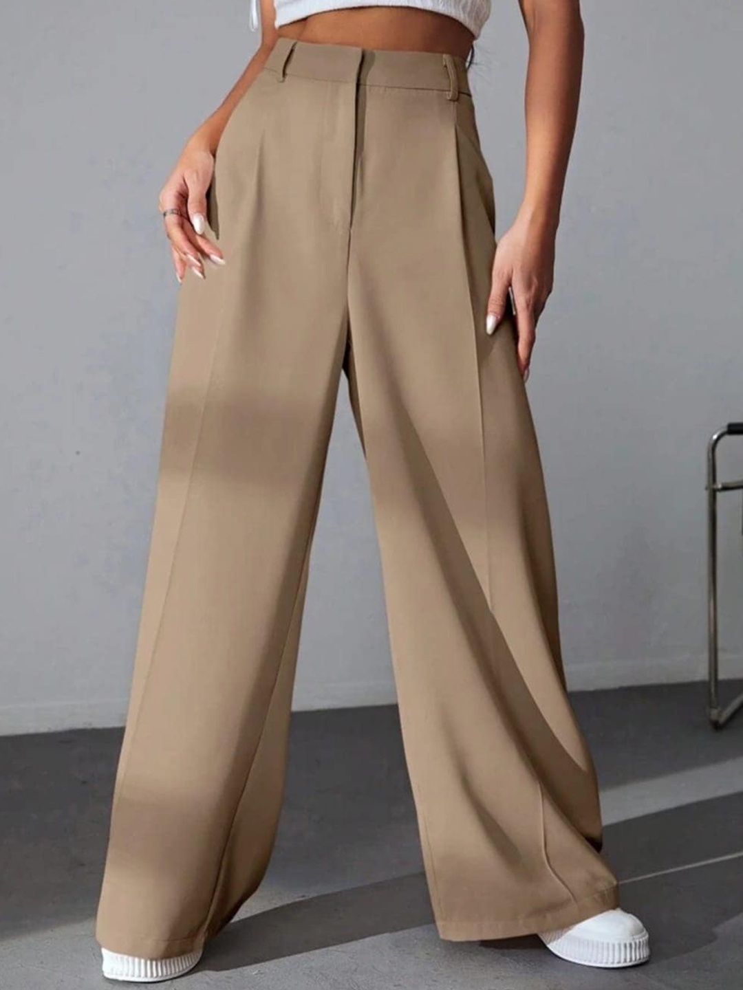 

Next One Women High-Rise Pleated Korean Trousers, Beige