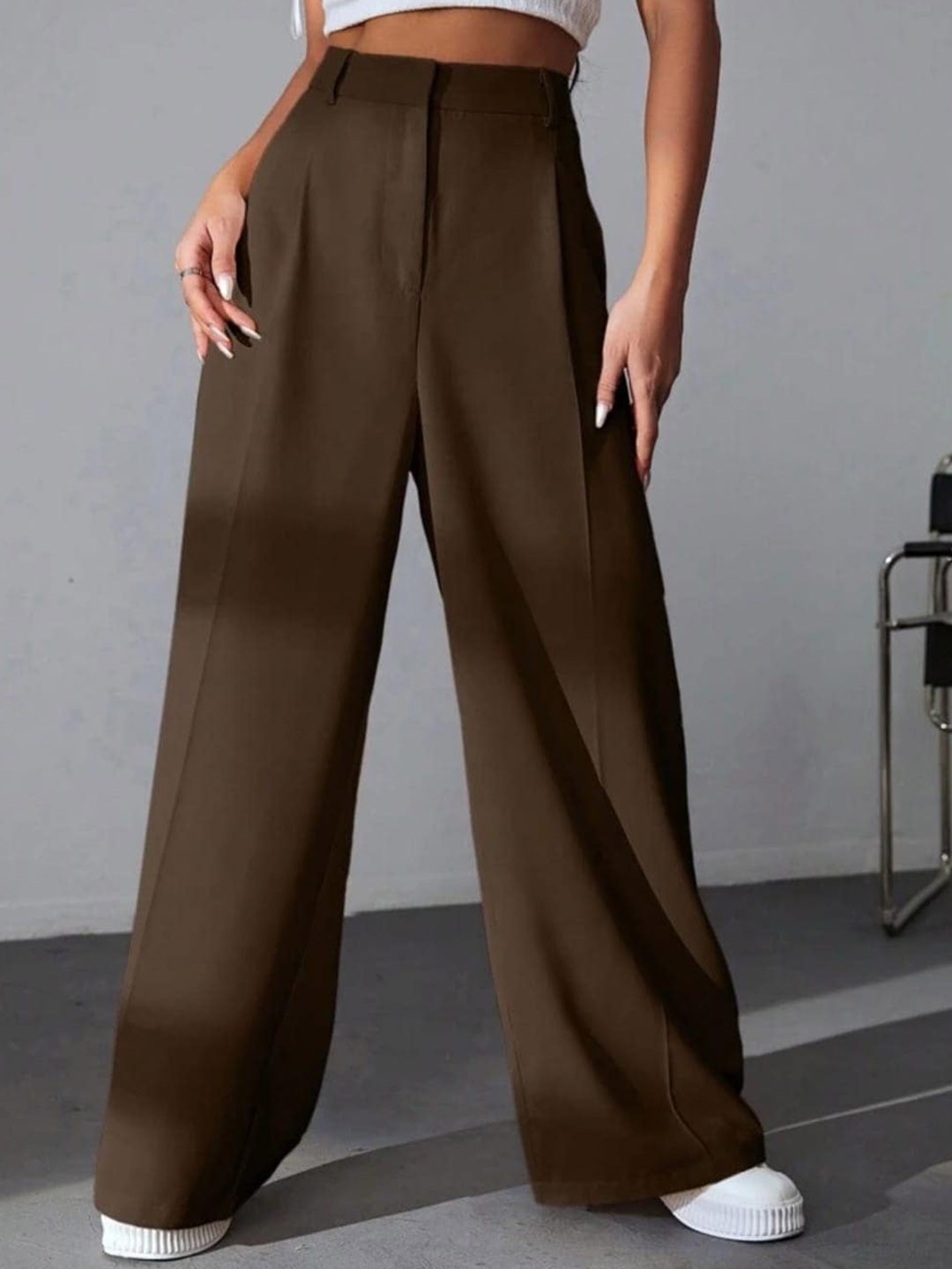 

Next One Women High-Rise Pleated Korean Trousers, Brown