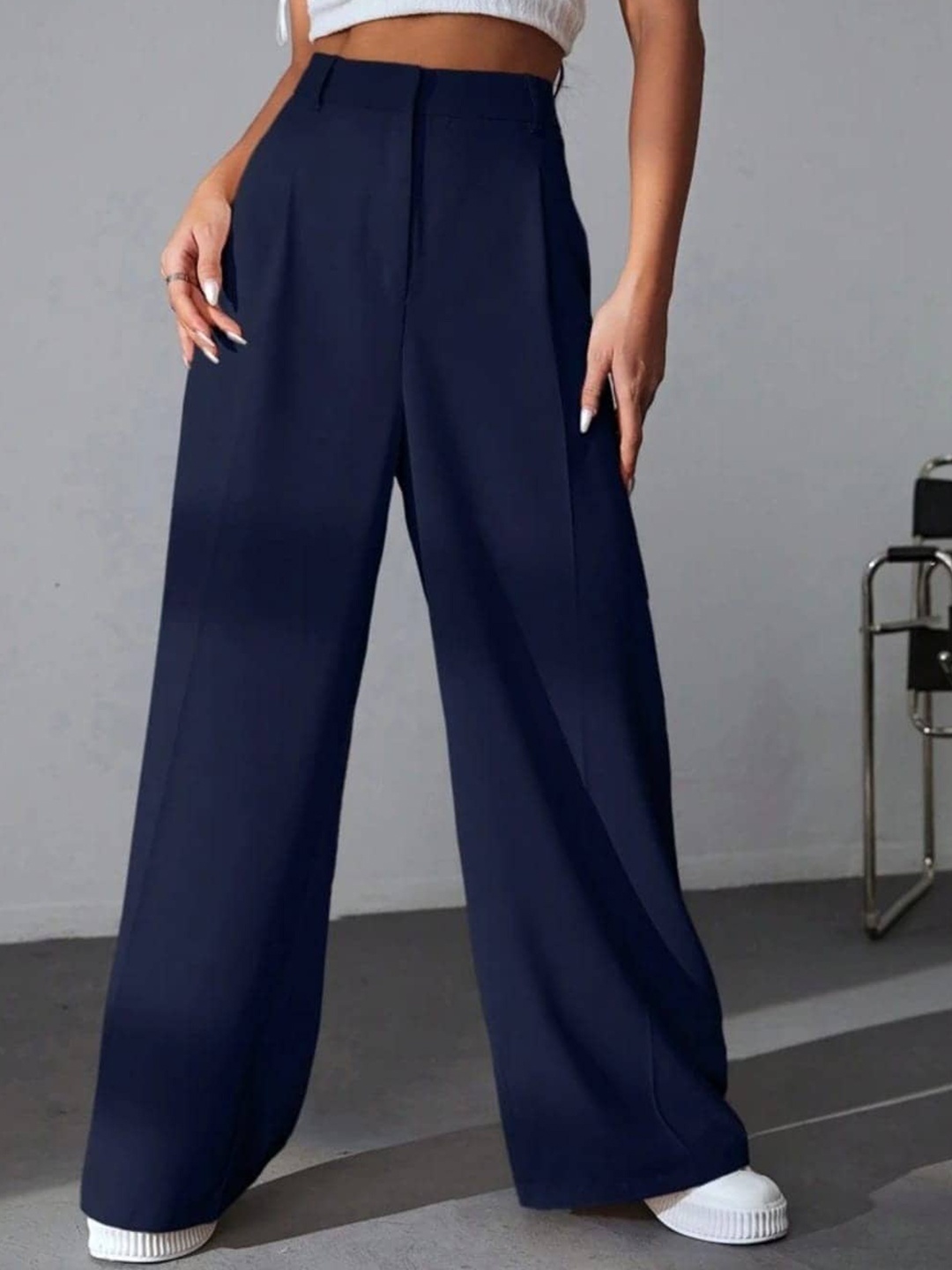 

Next One Women High-Rise Pleated Korean Trousers, Navy blue