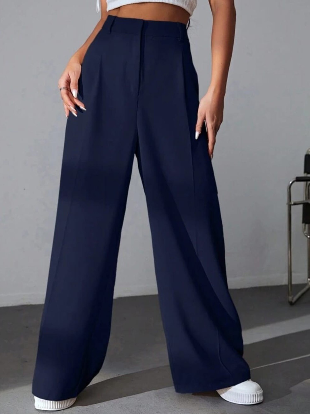 

Next One Women High-Rise Pleated Korean Trousers, Navy blue