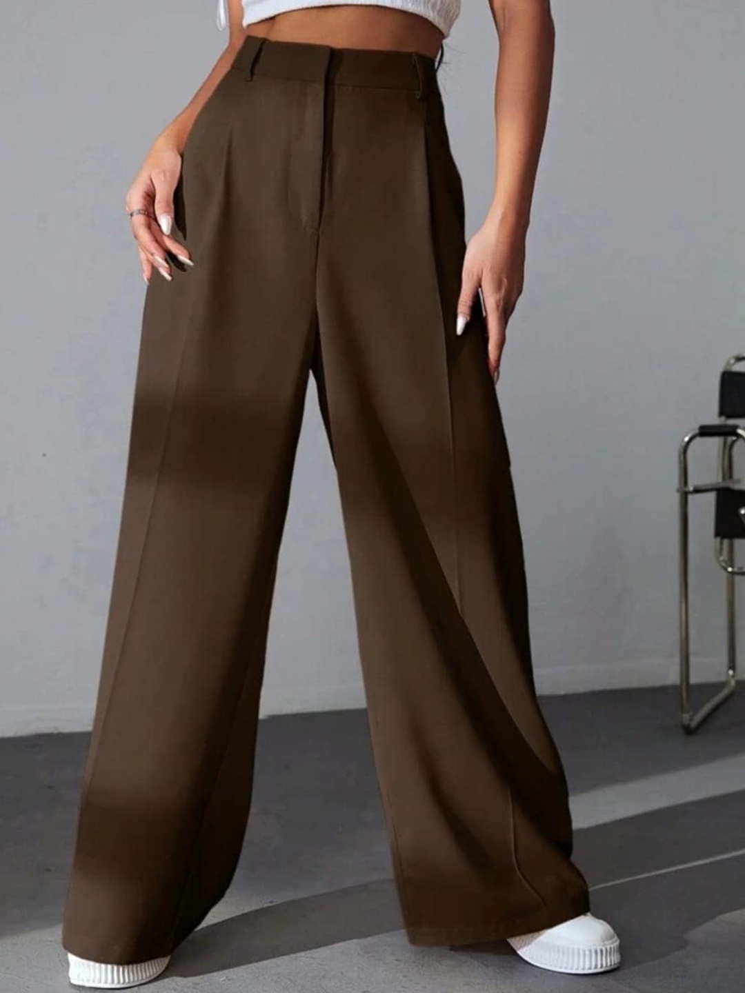 

Next One Women High-Rise Pleated Korean Trousers, Brown