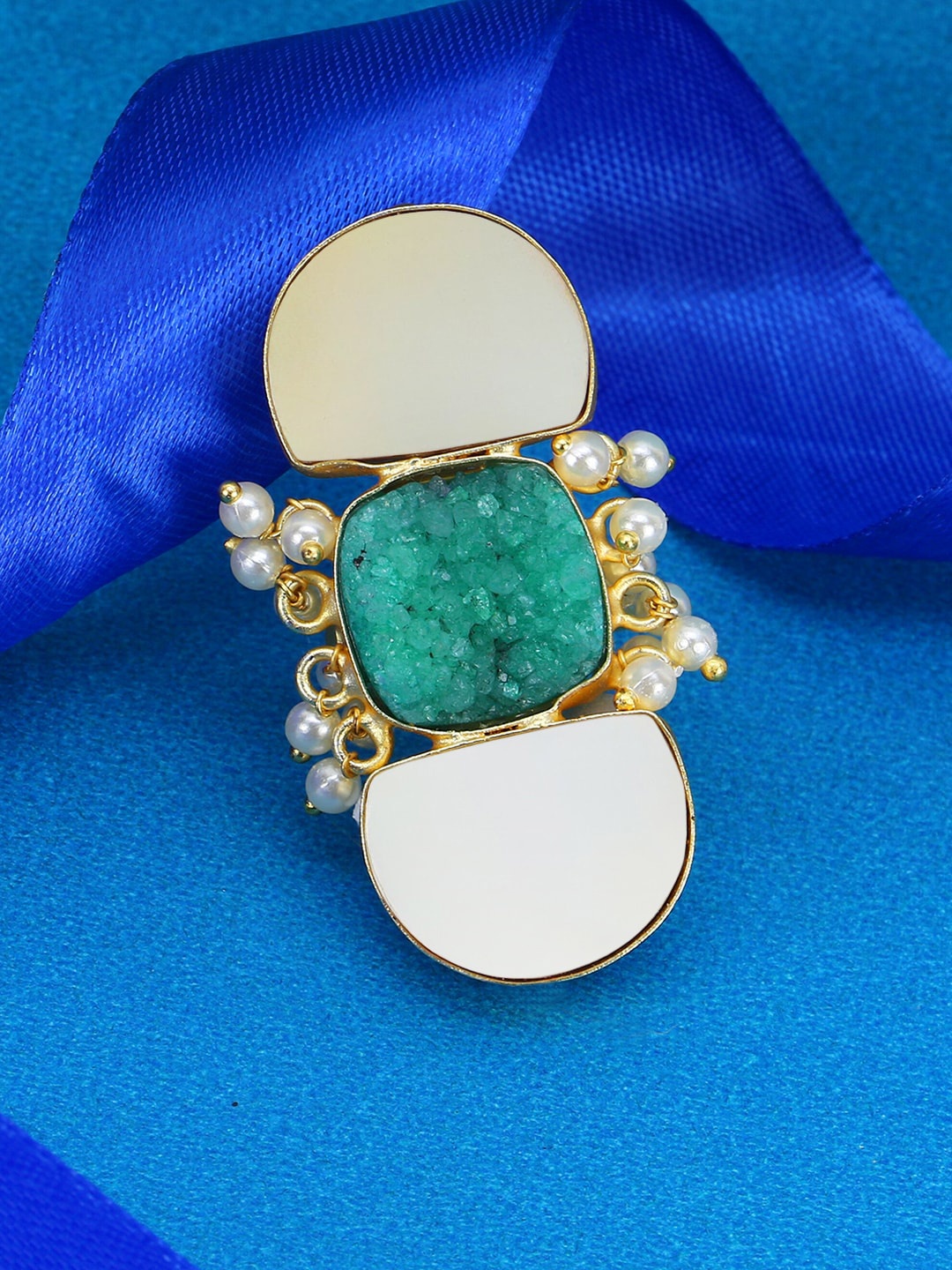

Adwitiya Collection Gold-Plated Stone-Studded & Beaded Adjustable Finger Ring