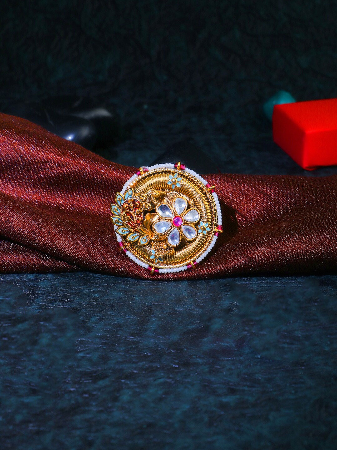 

Adwitiya Collection Gold-Plated Stone-Studded & Beaded Finger Ring