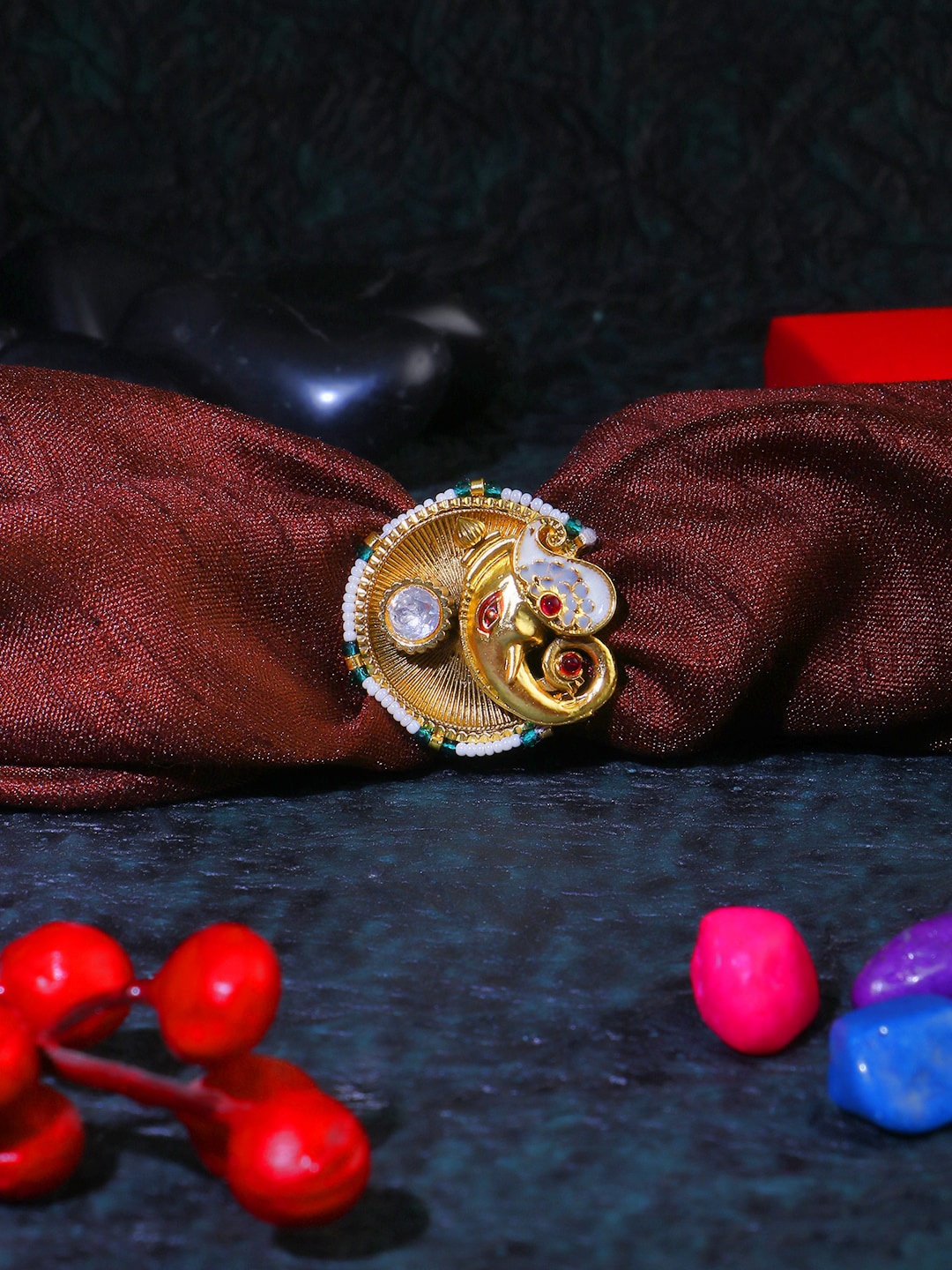 

Adwitiya Collection 24CT Gold-Plated Stone-Studded & Beaded Finger Ring