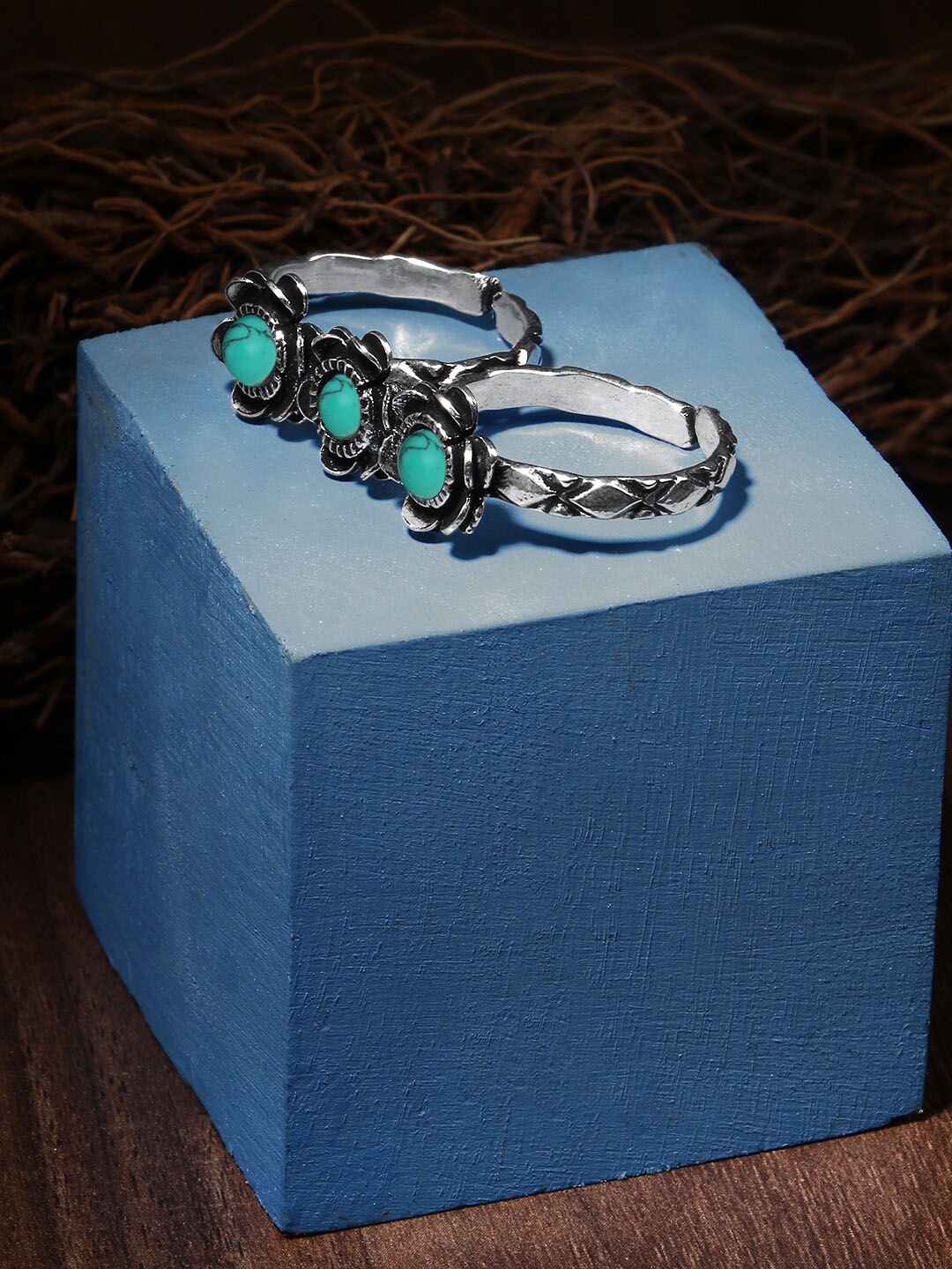 

Adwitiya Collection Silver-Plated Stone-Studded Oxidised Adjustable Two Finger Ring