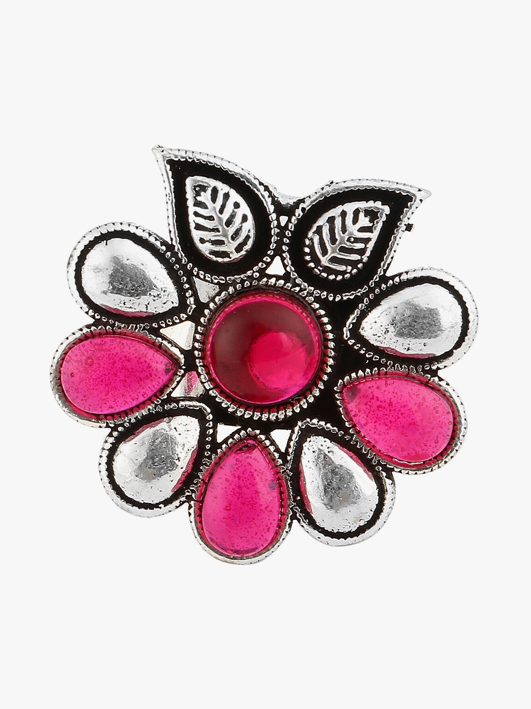 

Adwitiya Collection Silver-Plated Stone-Studded Oxidized Adjustable Finger Ring