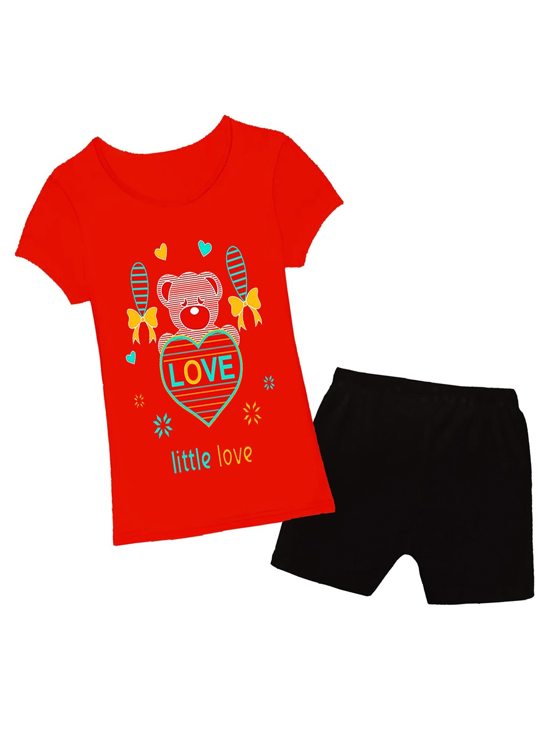 

CoolTees4U Girls Printed Pure Cotton T-shirt With Shorts, Red