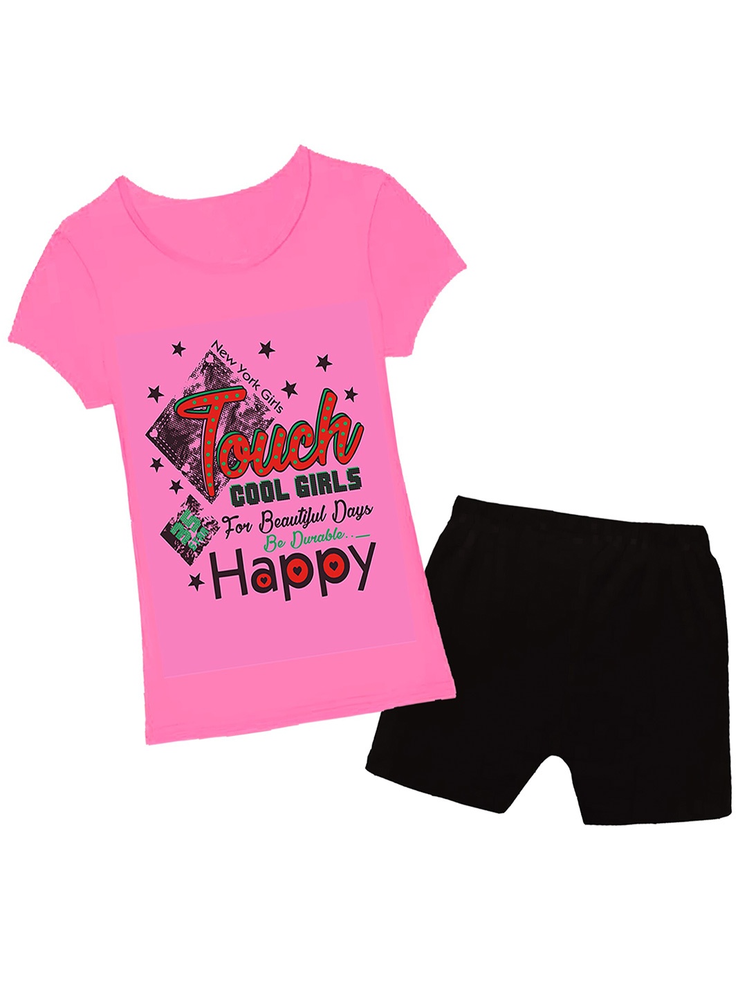 

CoolTees4U Girls Printed Pure Cotton T-shirt With Shorts, Pink