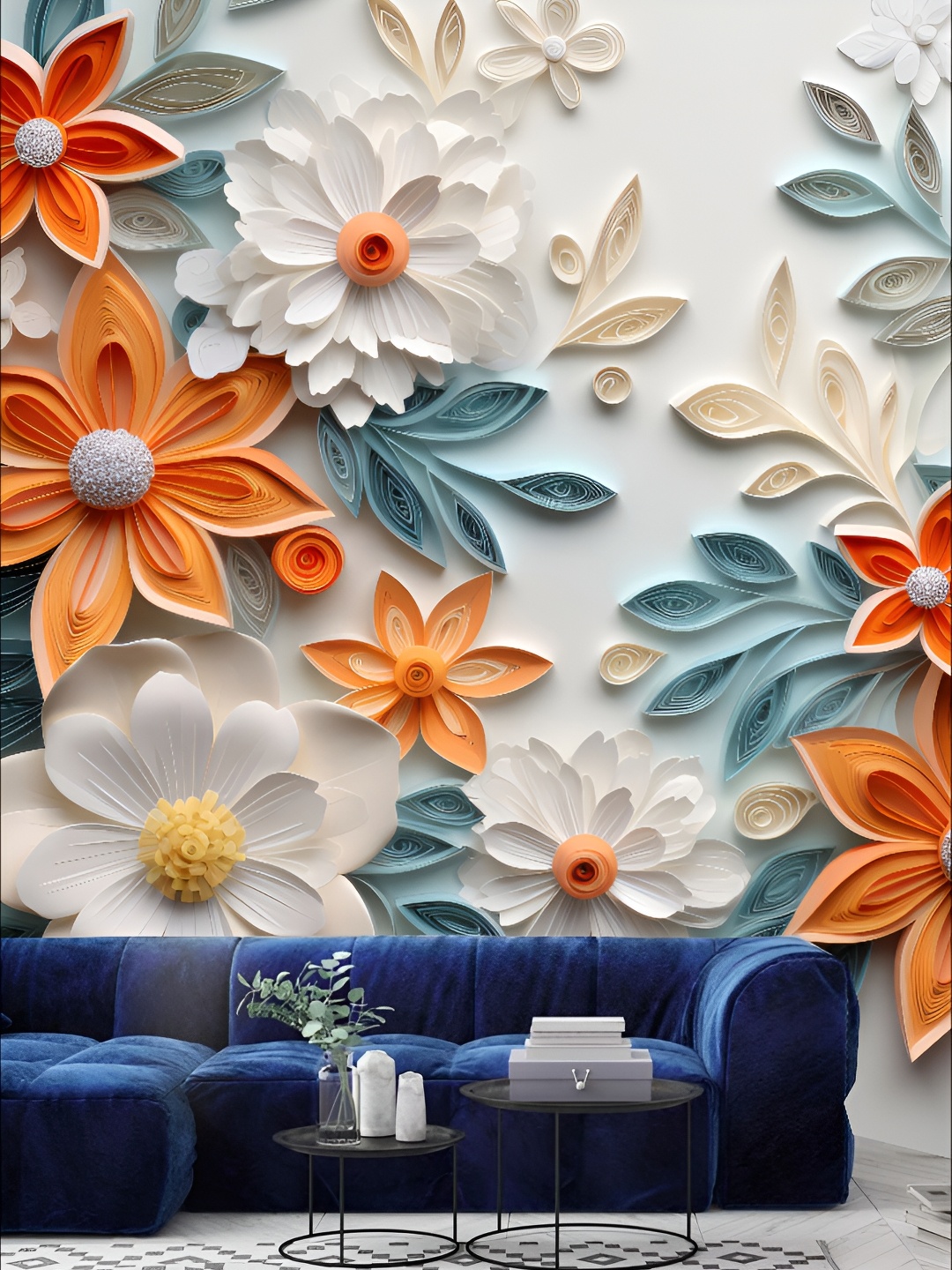 

KSHIRSA Blue & White Floral Printed 3D Self Adhesive Wallpaper