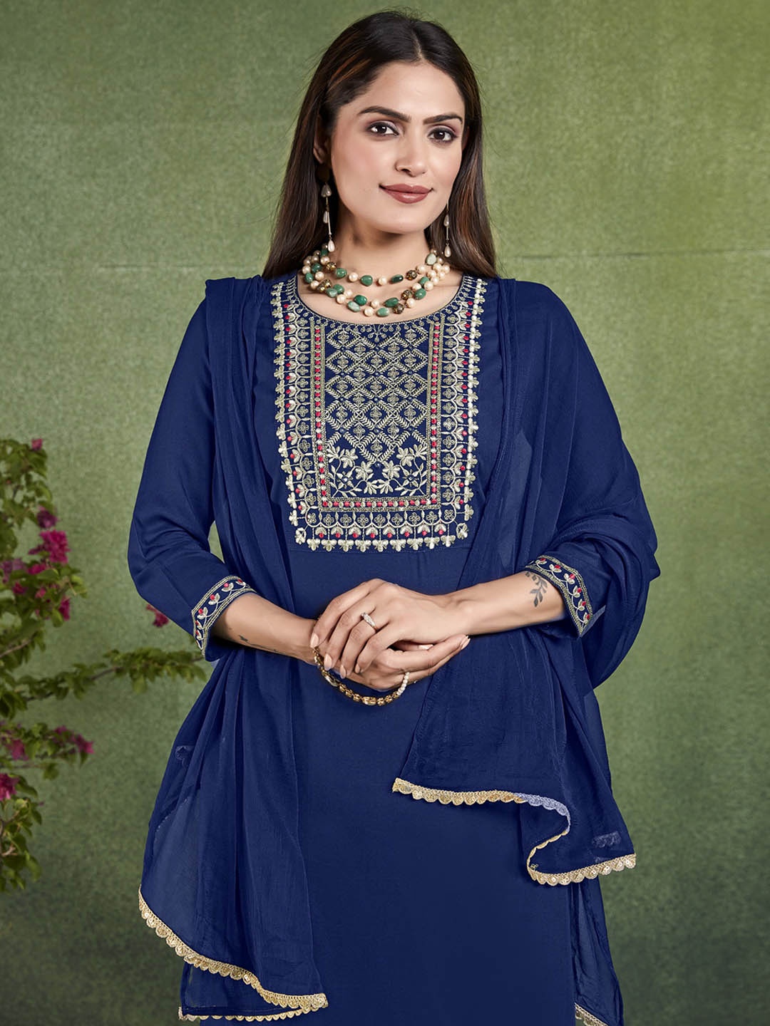 

Sangria Embroidered Straight Kurta With Trouser & Dupatta Set, Navy blue