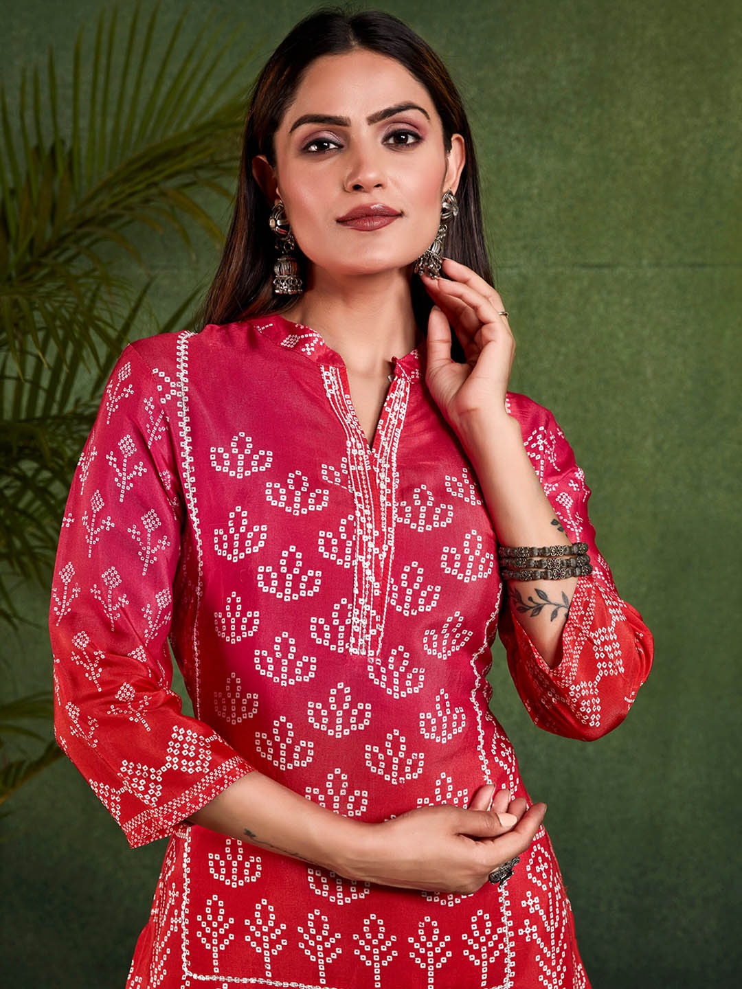

Sangria Bandhani Printed A-Line Kurta With Trouser, Red