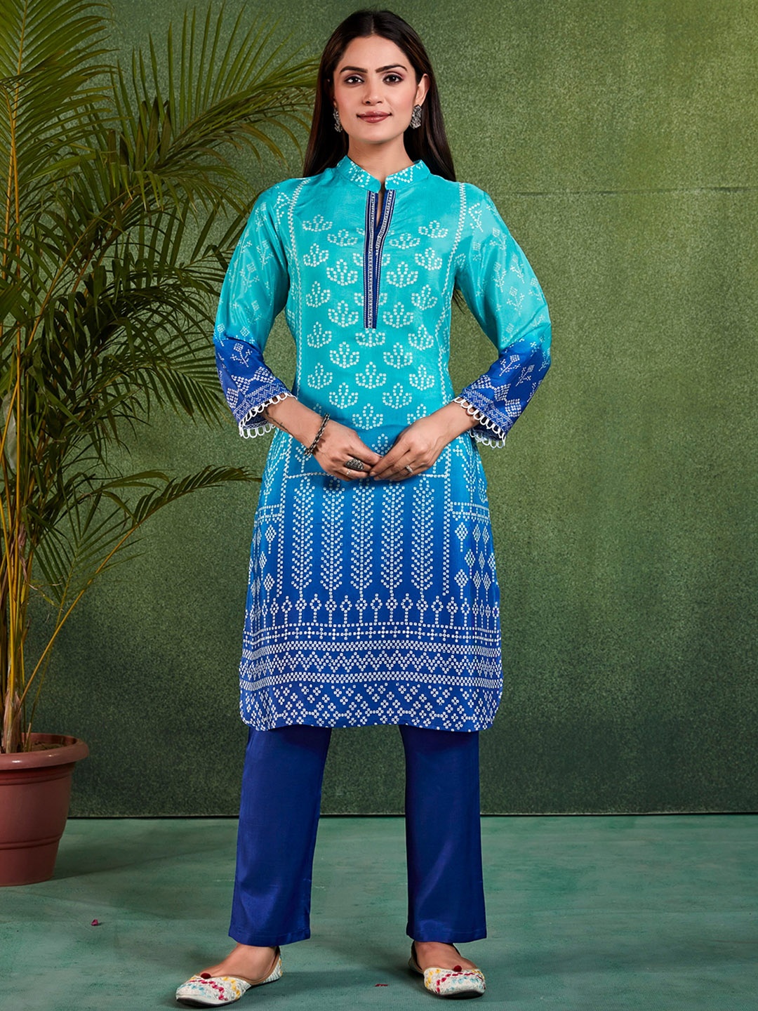 

Sangria Bandhani Printed A-Line Kurta With Trouser, Blue