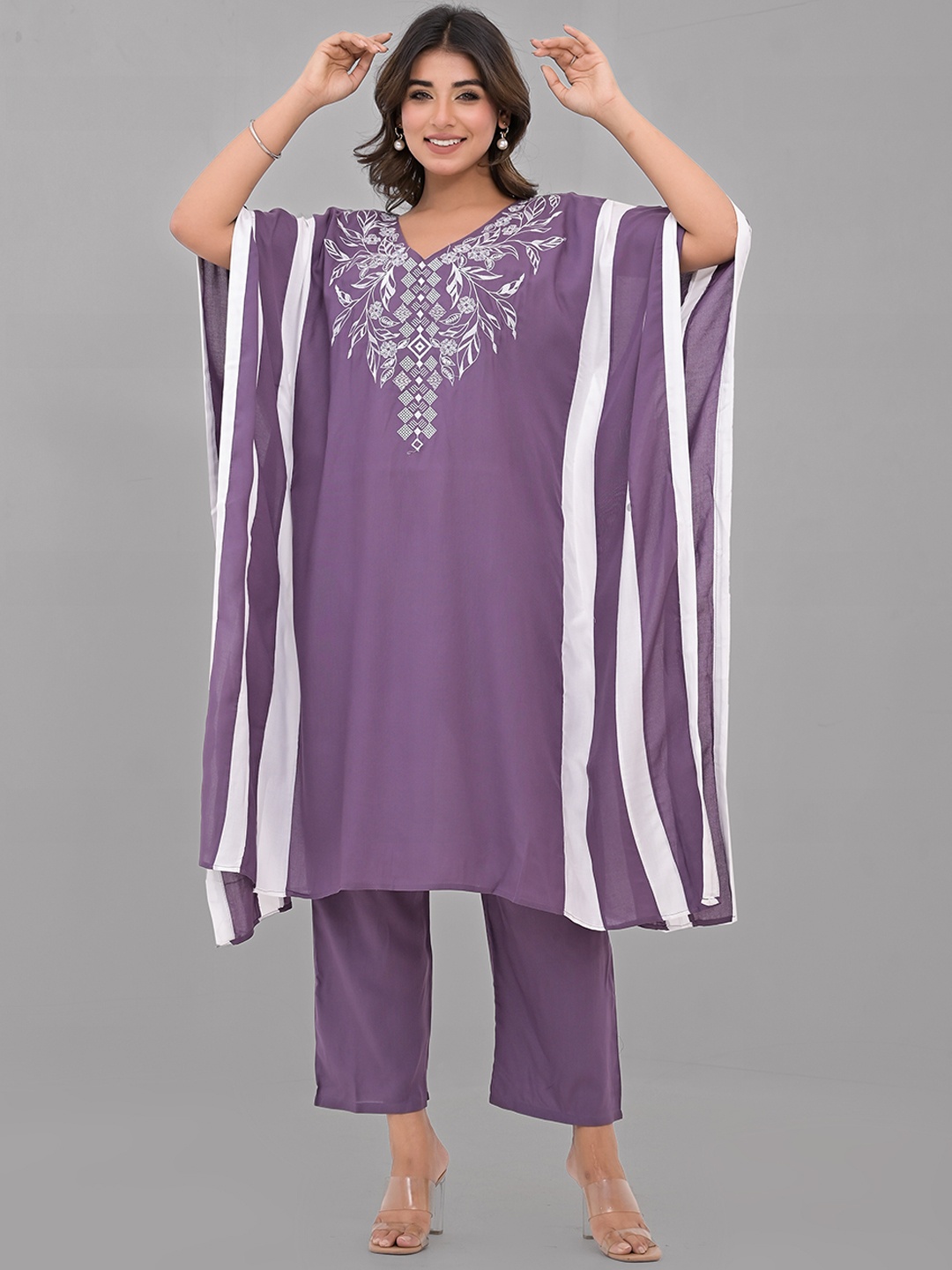 

Sangria Mauve Floral Embroidered Kaftan Thread Work Pure Cotton Kurta with Trousers