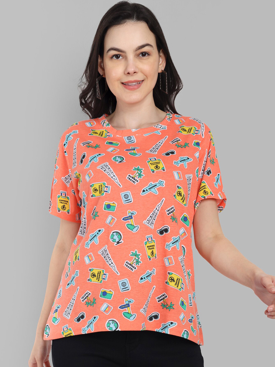 

HEYLAY Women Printed Drop-Shoulder Sleeves T-shirt, Orange