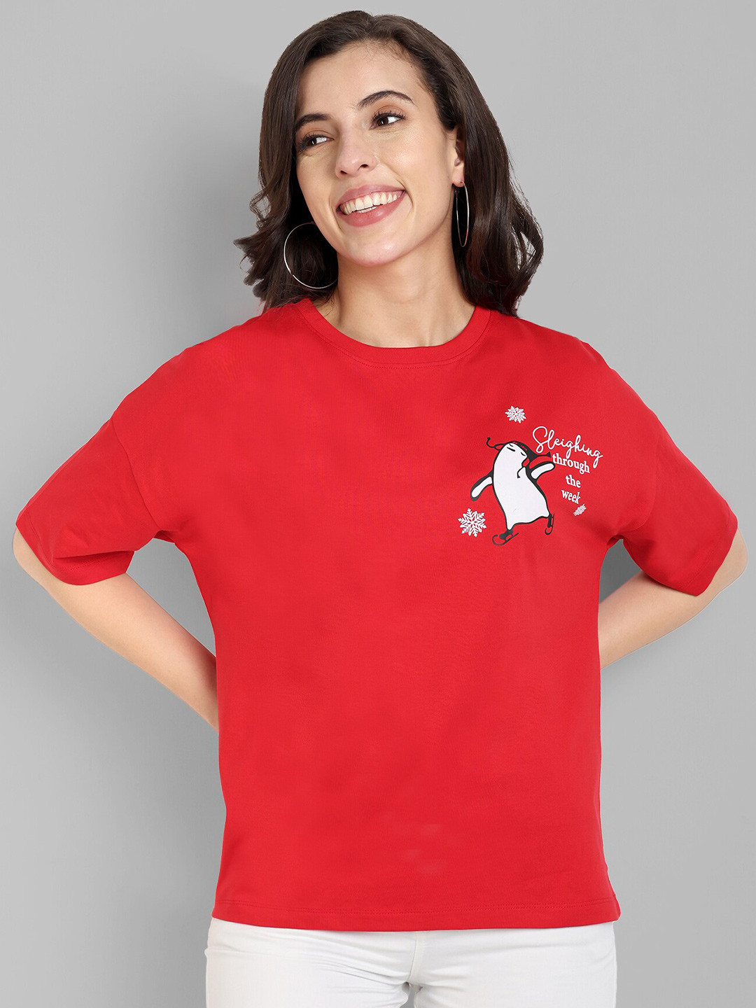 

HEYLAY Women Printed Drop-Shoulder Sleeves T-shirt, Red