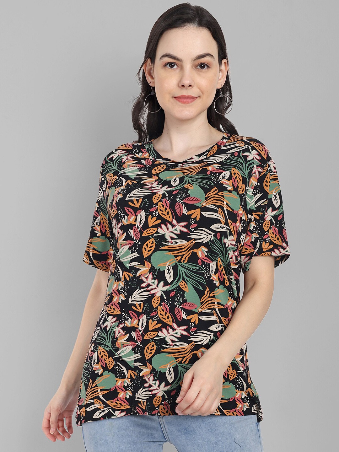 

HEYLAY Women Floral Printed Drop-Shoulder Sleeves T-shirt, Black