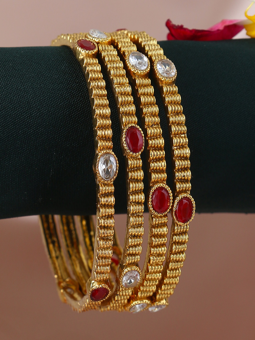 

Adwitiya Collection Set Of 4 24CT Gold Plated Stones Studded Bangles