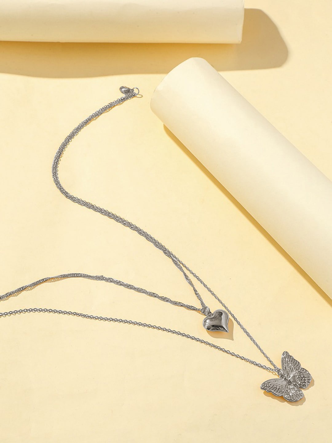 

FIMBUL Silver-Plated Butterfly & Heart Shaped Layered Necklace