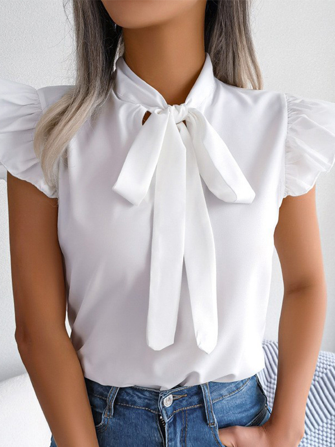 

StyleCast Cap Sleeves Tie-Up Neck Regular Top, White