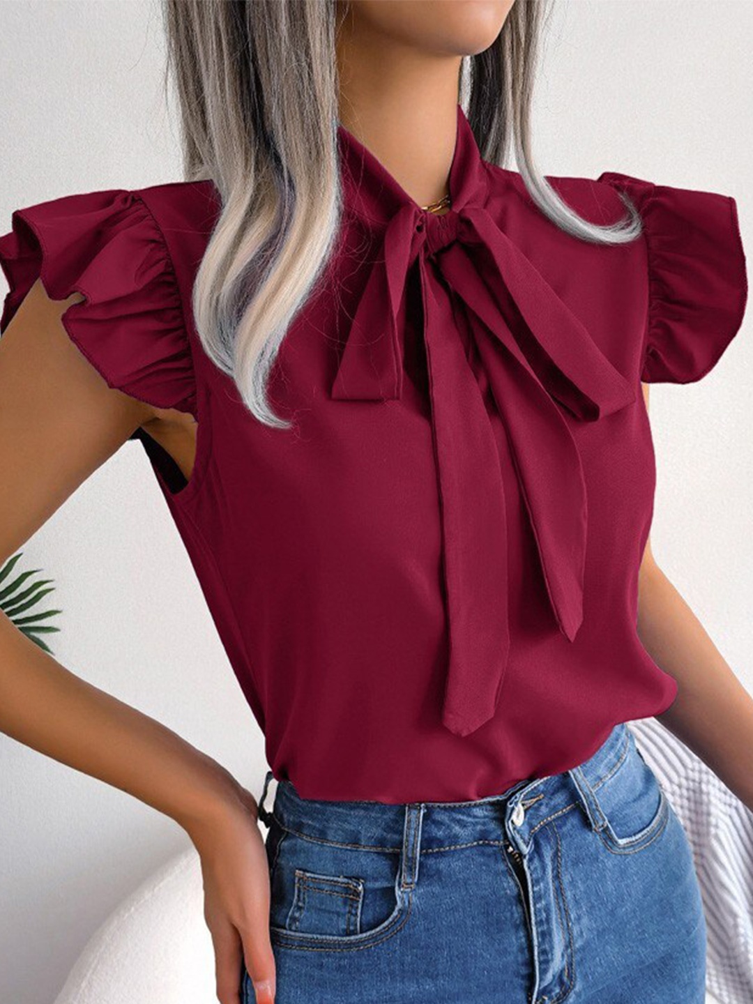 

StyleCast Tie-Up Neck Flutter Sleeves Regular Top, Maroon