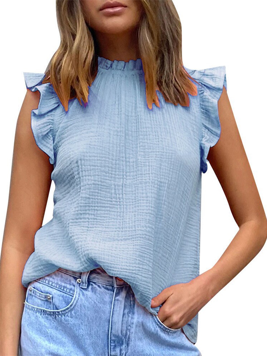 

StyleCast Blue Self Design Flutter Sleeve Cotton Top