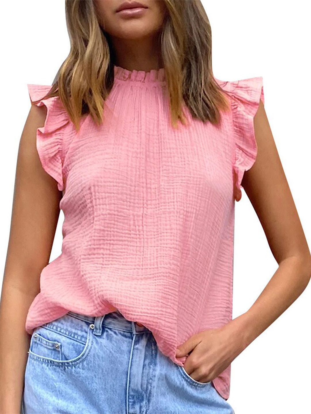 

StyleCast High Neck Flutter Sleeves Cotton Regular Top, Pink