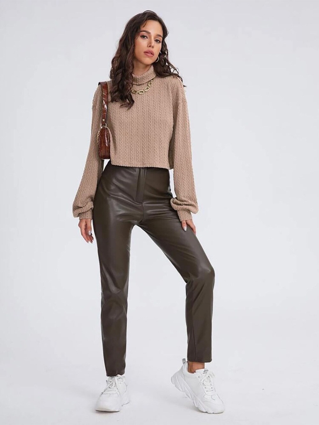 

StyleCast Brown Ribbed Cuffed Sleeves High Neck Top