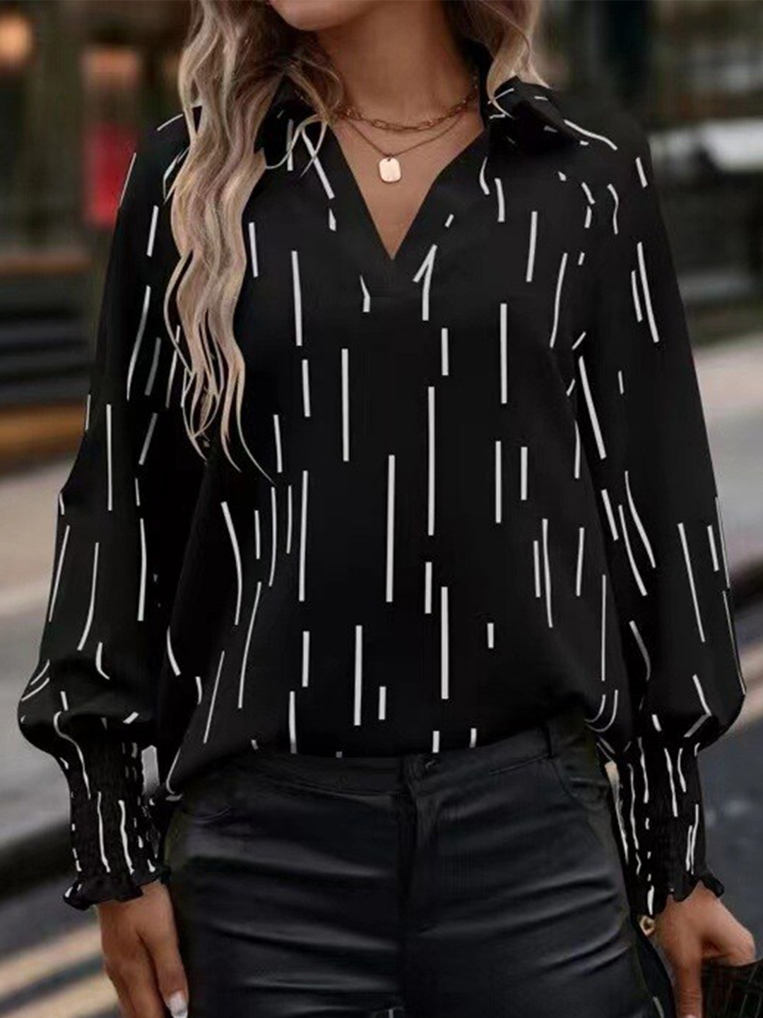 

StyleCast Printed Shirt Collar Cuffed Sleeves Shirt Style Top, Black