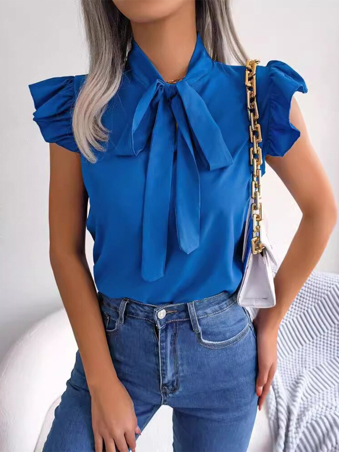 

StyleCast Blue Tie-Up Neck Flutter Sleeve Top